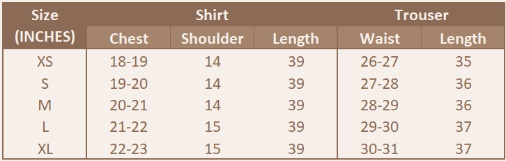 Size chart for Golden Meadow