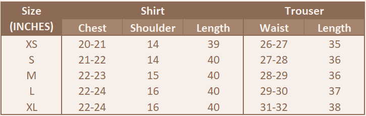 Size chart for Kurtaé