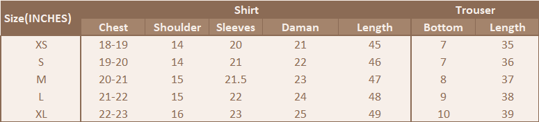 Size chart for The Versatile Set